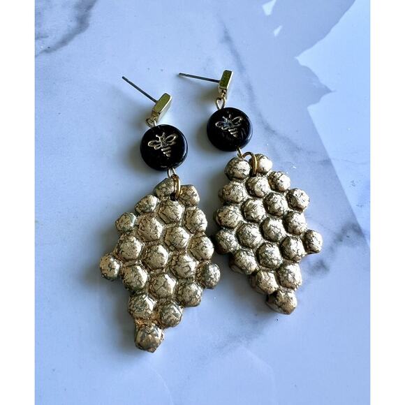Handmade Polymer Clay Earrings Handcrafted Artwork Bee Honeycomb - Picture 5 of 5